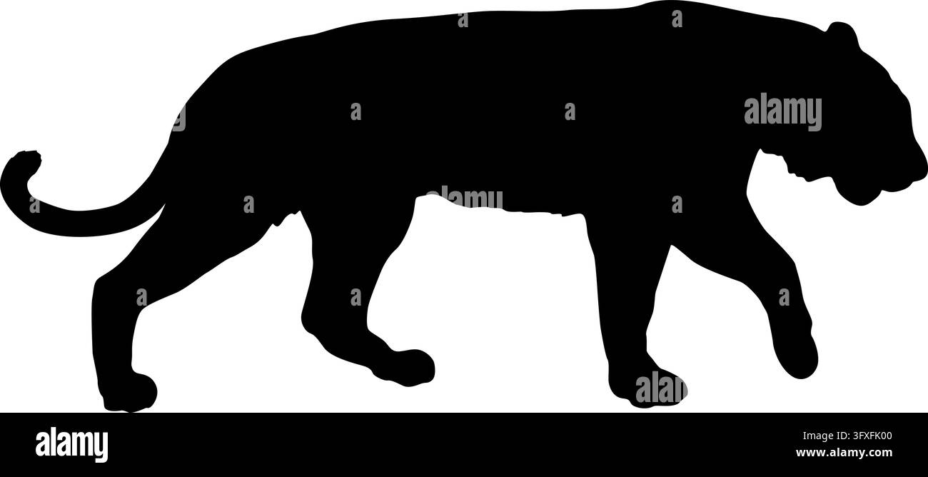 Schwarze Silhouette eines Tigers in Seitenansicht, isoliert auf weißem Hintergrund, repräsentierend Wildtiere, Raubtiere und die Naturwelt. Stock Vektor