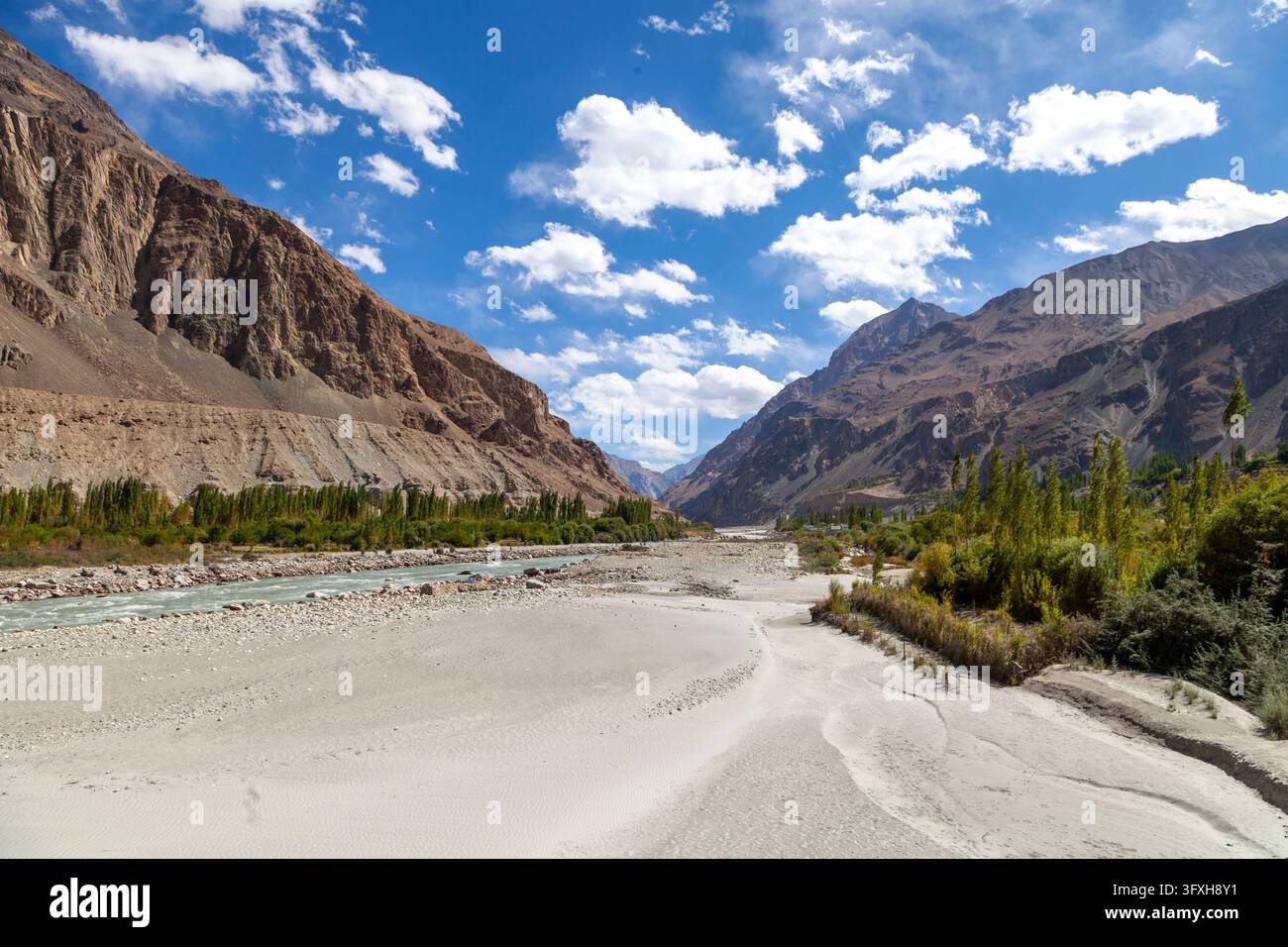 Sandiger Flussufer und Pappelbaum in einem Bergtal unter weißen Wolken, Ladakh, Turtuk, Indien Stockfoto