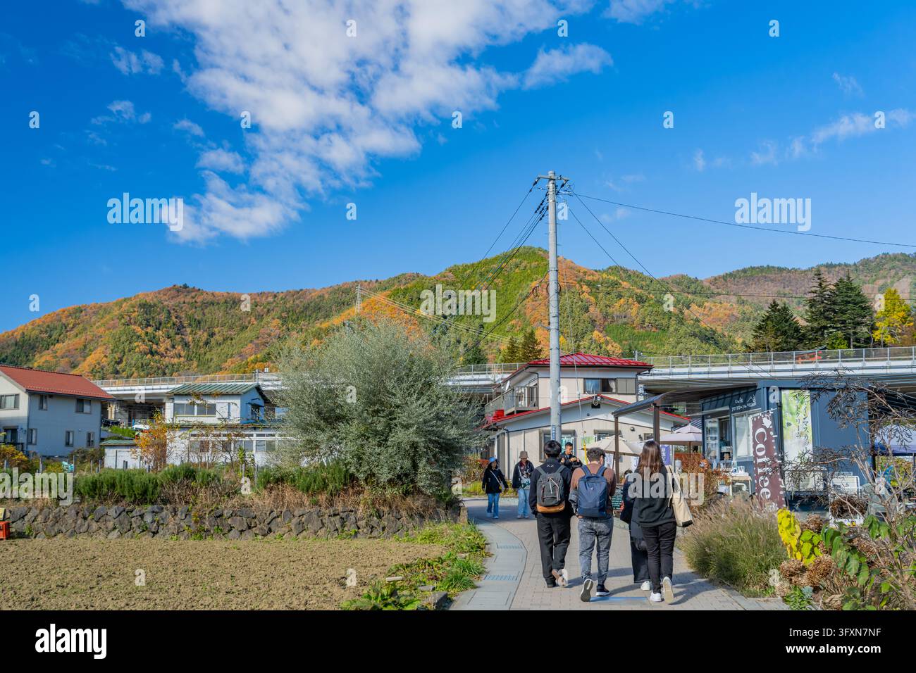 Tokio, Japan, 22. NOV 2024 - Eine Gruppe von Menschen geht von der Kamera weg auf einem gepflasterten Weg an einem Café und einem Strommast vorbei, mit Bergen, die in Herbst… Stockfoto