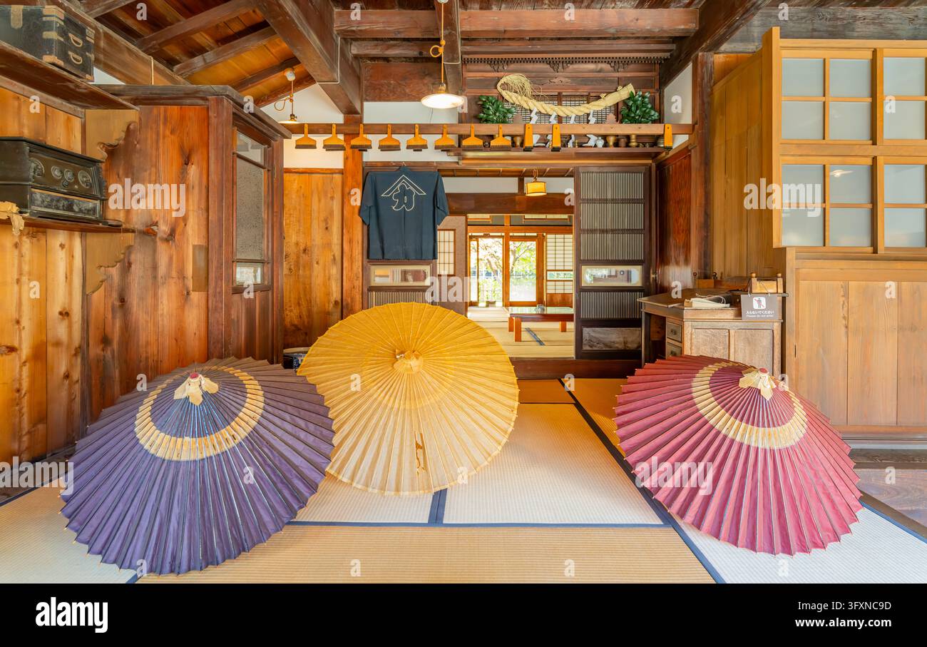 Tokio, Japan, 22. NOV 2024 – Drei farbenfrohe traditionelle japanische Regenschirme ruhen auf Tatami-Matten in einem Holzraum mit einem aufgehängten Happi-Mantel und Stockfoto