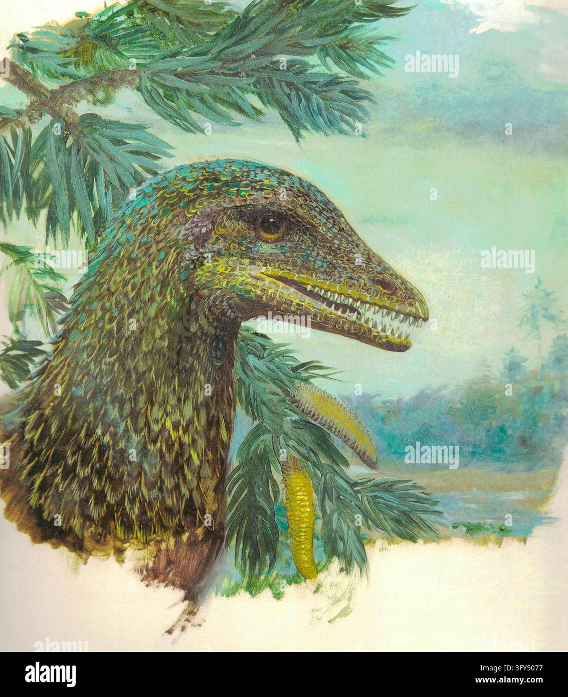 Archaeopteryx lithographica. Farbige, gemalte Rekonstruktion eines gefiederten prähistorischen Wesens zwischen altem Laub. Eine Nahaufnahme eines gefiederten, schuppigen Wesens mit scharfen Zähnen, eingerahmt von palmenartigen Ästen vor einer sanft gemalten prähistorischen Landschaft Stockfoto