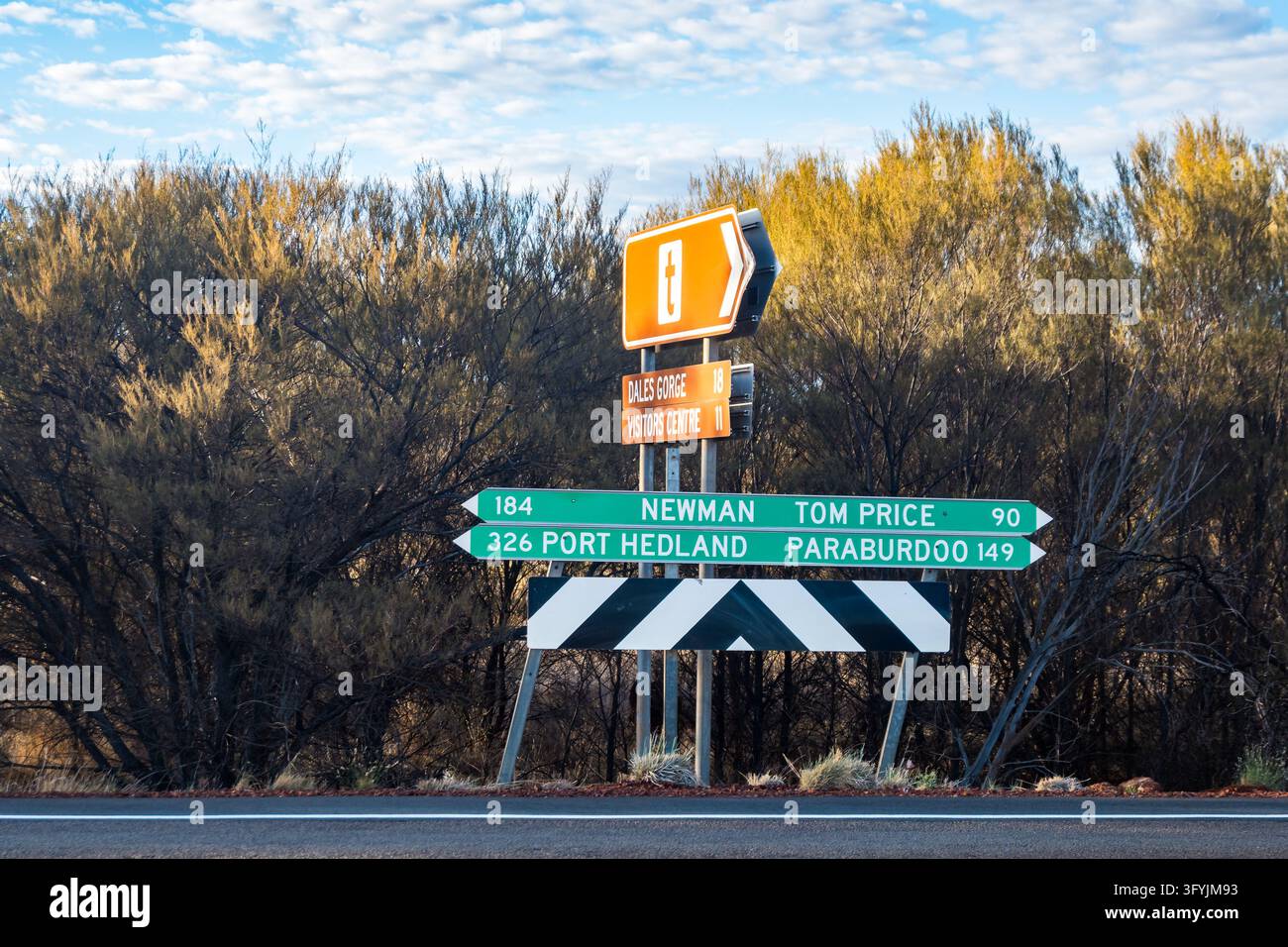 Straßenschild an einer Kreuzung. Karijini-Nationalpark, Westaustralien. Stockfoto