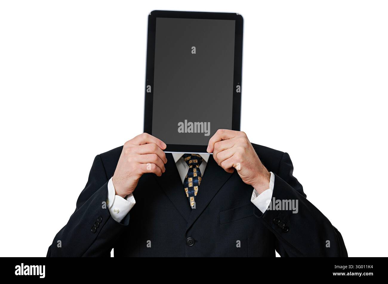 Anonymer Geschäftsmann hält ein Tablet-Computer vor seinem Gesicht Stockfoto