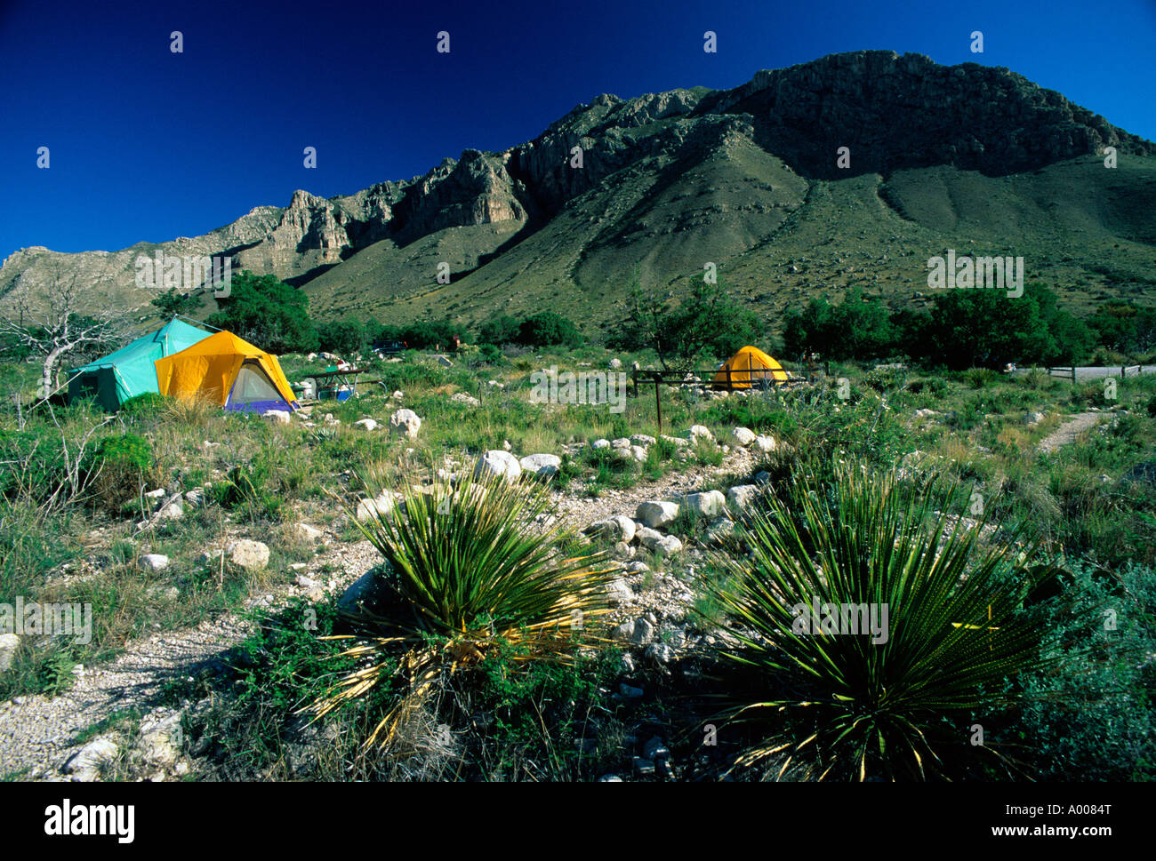 Guadalupe Mountains und Zelte am Campingplatz Stockfoto