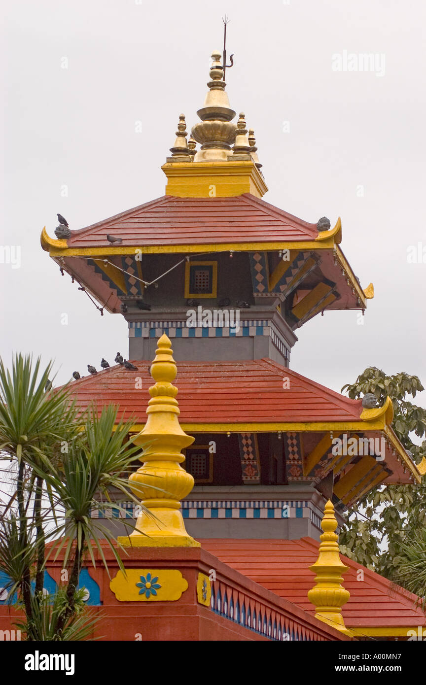 Shiva Dhirdham Tempel Pashupatinath Darjeeling West Bengalen Indien. Mehrstufige Pagode-Architektur mit roten Dächern und goldenen Finials. Stockfoto