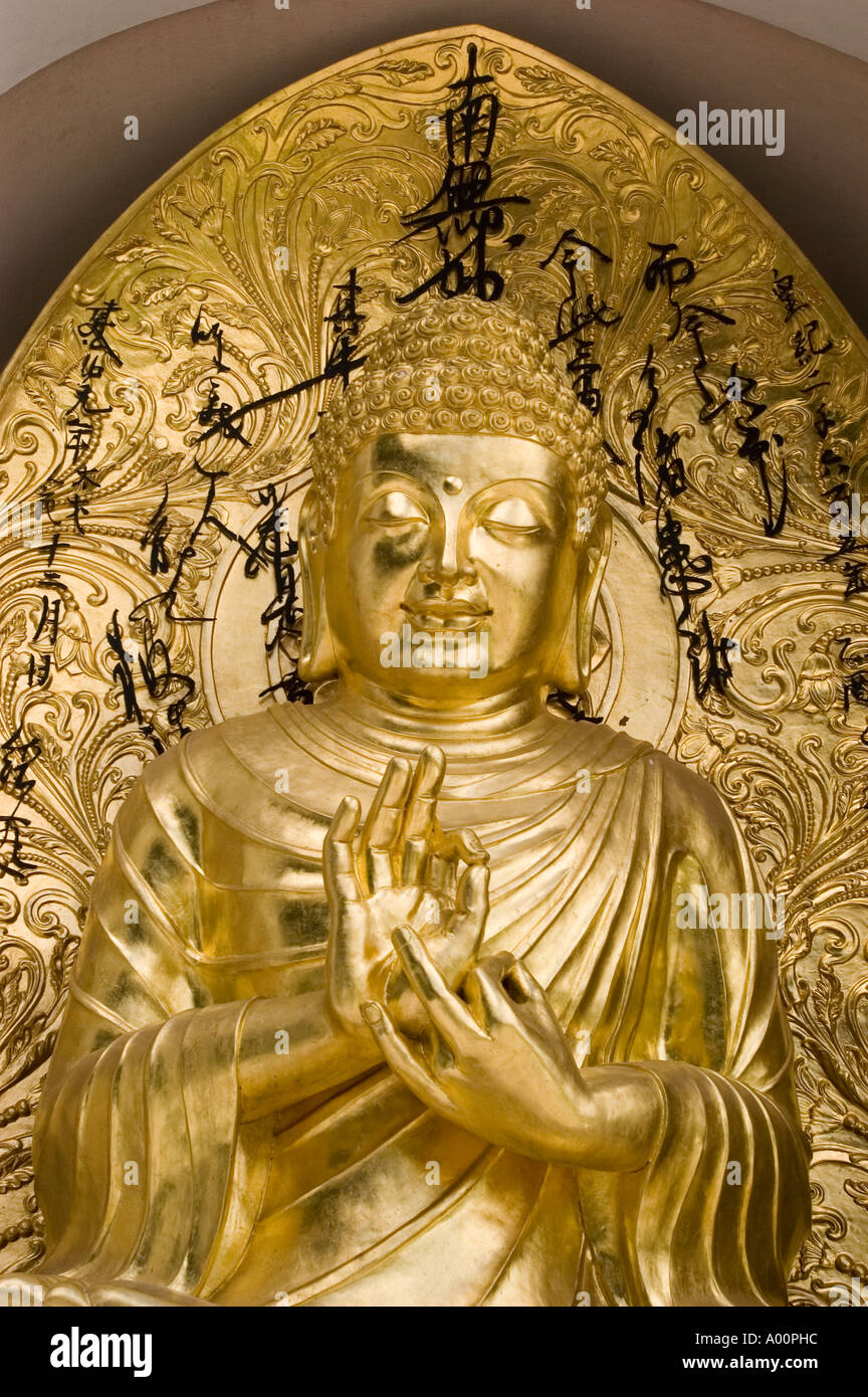 Goldene Buddha-Statue des ersten Lehren Händen bilden Dharmachakra Mudra symbolisiert Einstellung in Bewegung des Rades des Dharma Stockfoto