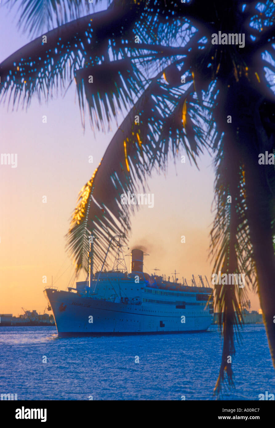 Miami Beach mit Kreuzfahrtschiff und Miami im Hintergrund Florida USA bei Sonnenuntergang von Palme Stockfoto