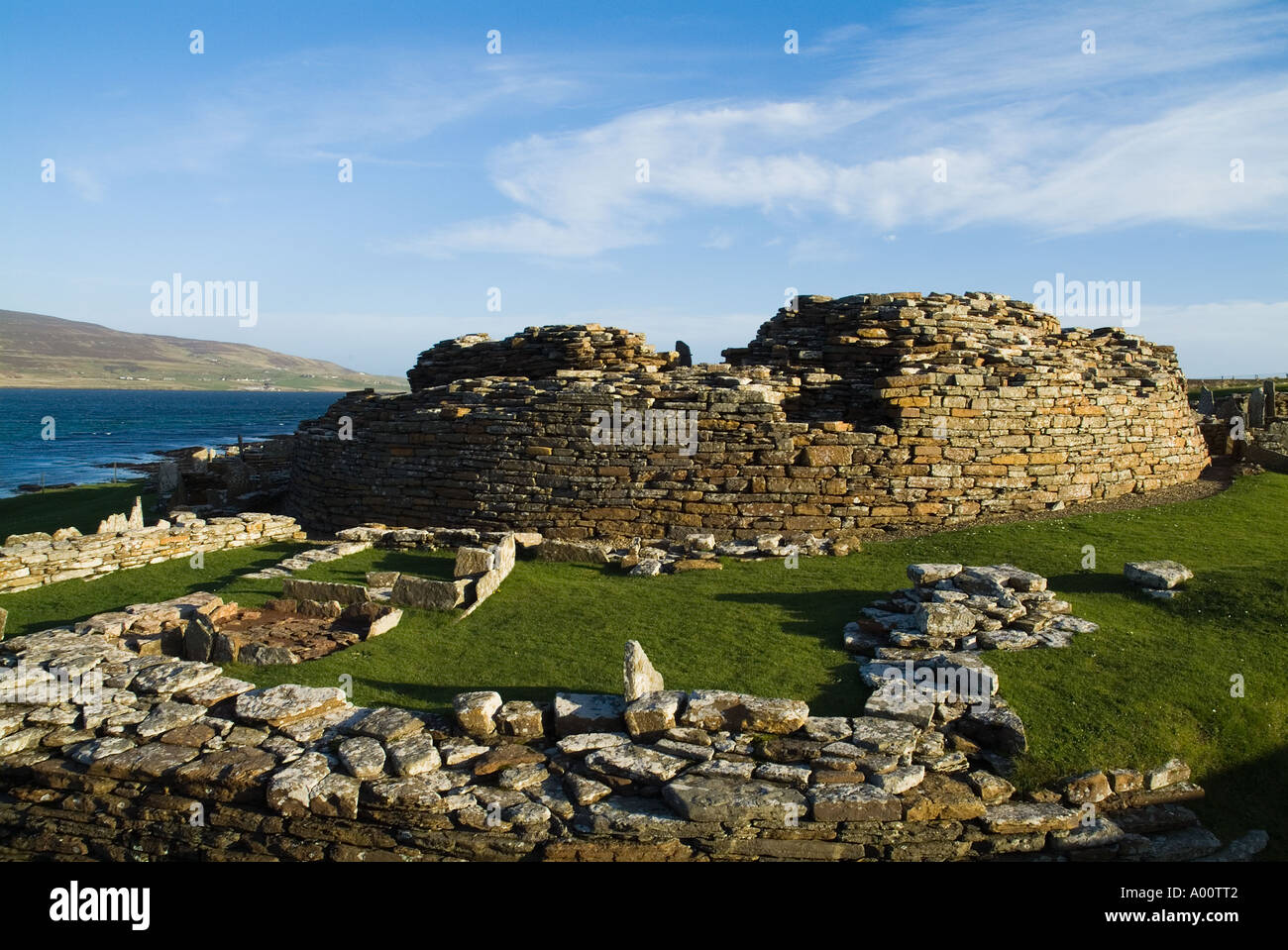 dh Broch of Gurness Schottland EVIE ORKNEY ISLES Britische prähistorische Eiszeit Broch Ruinen Siedlung alten Befestigungsanlagen großbritannien Stockfoto