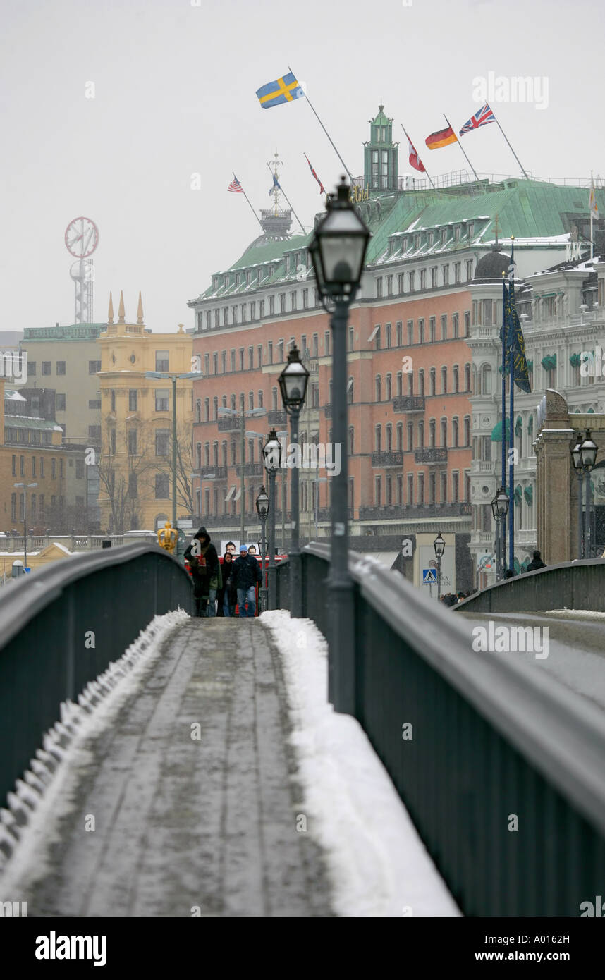 Stadtzentrum von Stockholm im Schnee Stockfoto
