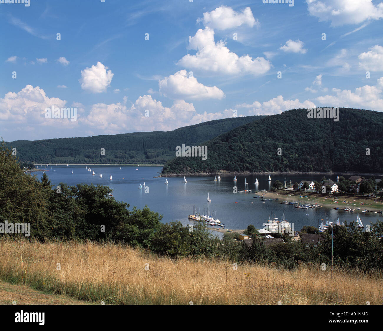 Rurstausee Schwammenauel Rurtalsperre, Menschen am Baden, Simmerath-Woffelsbach, Naturpark Nordeifel (Deutsch-Belgischer), Nordrhein-Westfalen Stockfoto