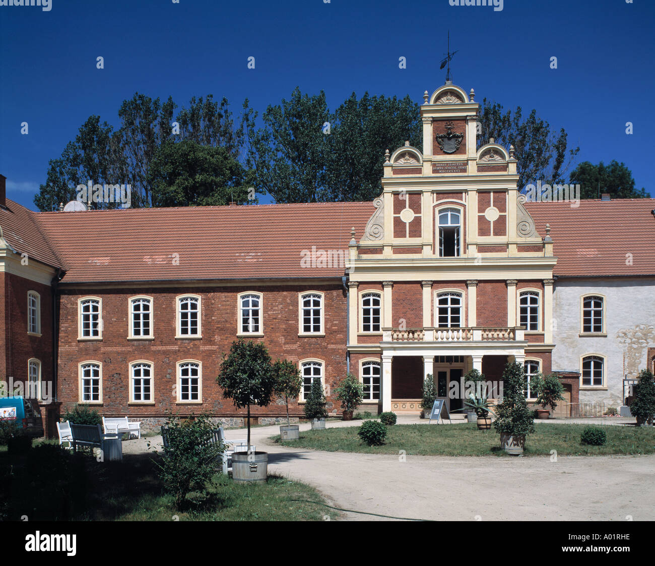 Schloss Meyenburg, Innenhof, Neorenaissance, Textilmuseum, Meyenburg, Stepenitz, Brandenburg Stockfoto