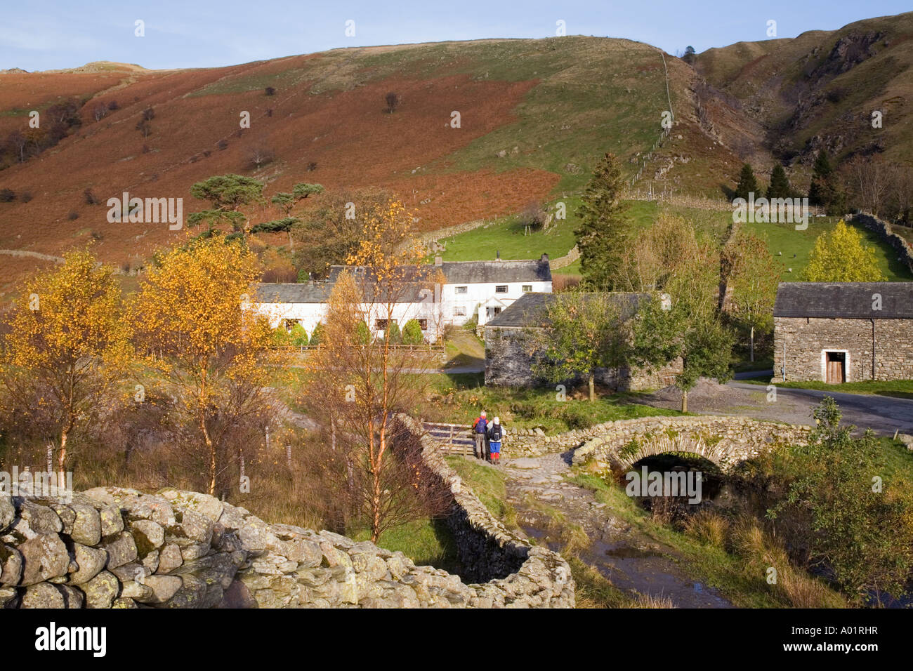 Alte steinerne Bogenbrücke Lastesel über Watendlath Beck im Herbst Lake District National Park Watendlath Cumbria England UK Großbritannien Stockfoto