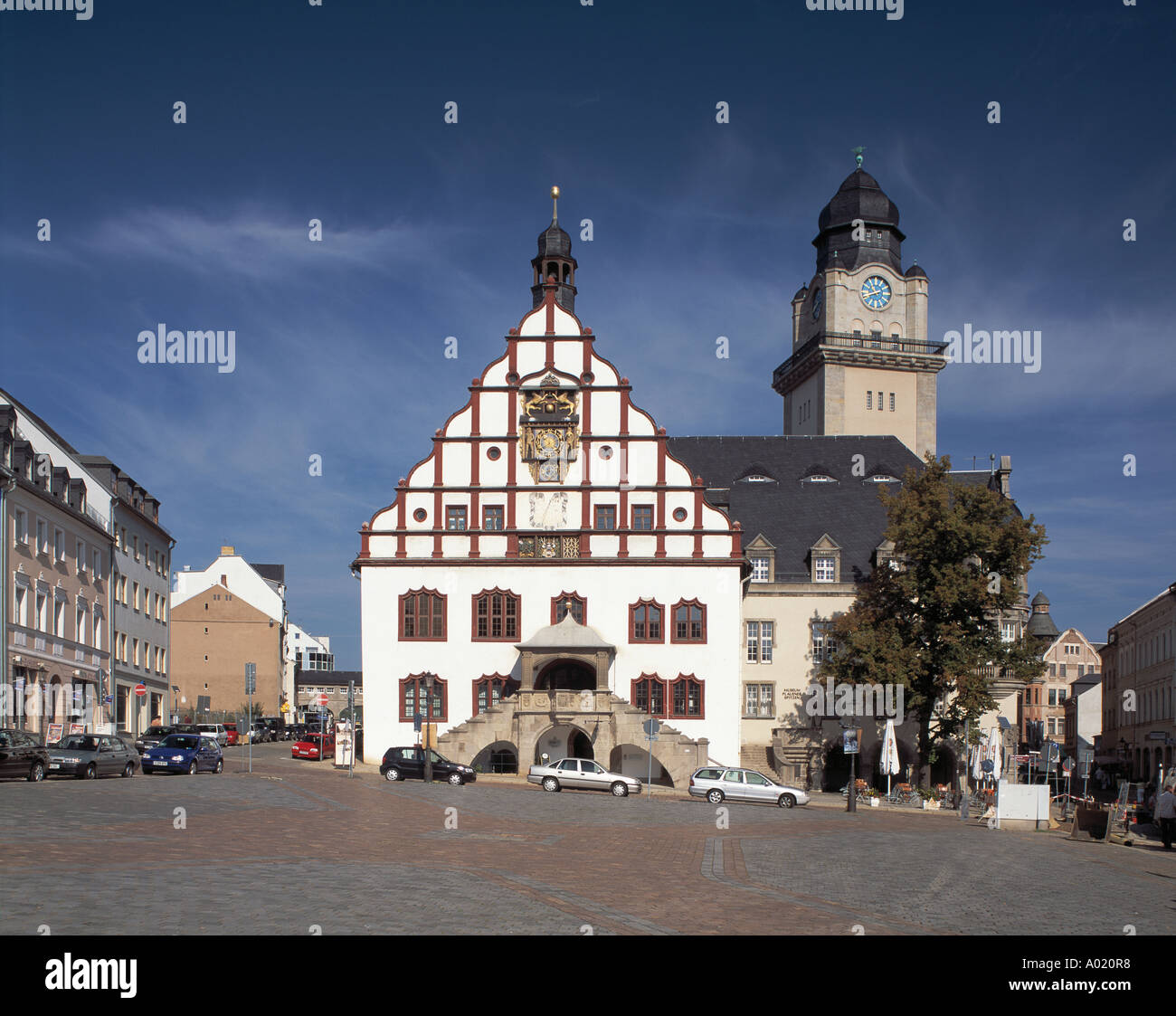 Marktplatz Mit Rathaus Und Museum Plauener Rollen in Weisse Elster, Vogtland, Plauen, Sachsen Stockfoto