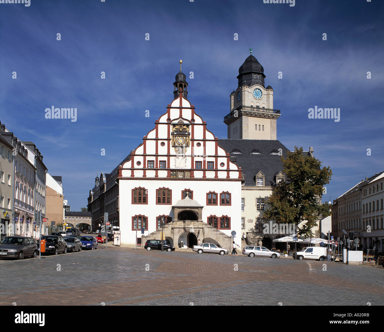 Marktplatz Mit Rathaus Und Museum Plauener Rollen in Weisse Elster, Vogtland, Plauen, Sachsen Stockfoto