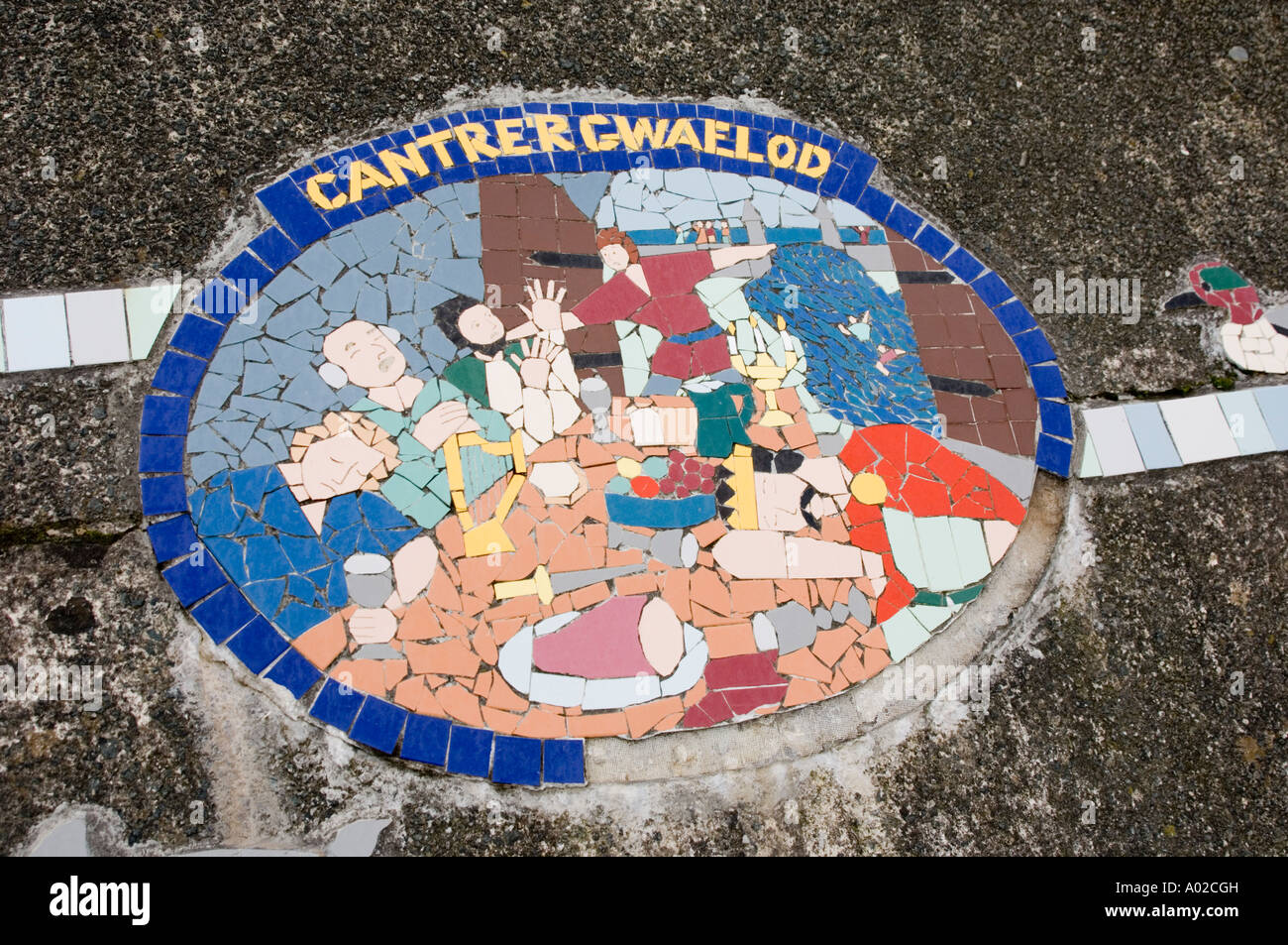 Wandmalereien in Borth Ceredigion West wales illustrieren die Legende von Cantre'r Gwaelod & Geschichte dieses tief liegende Dorf an der Küste Stockfoto