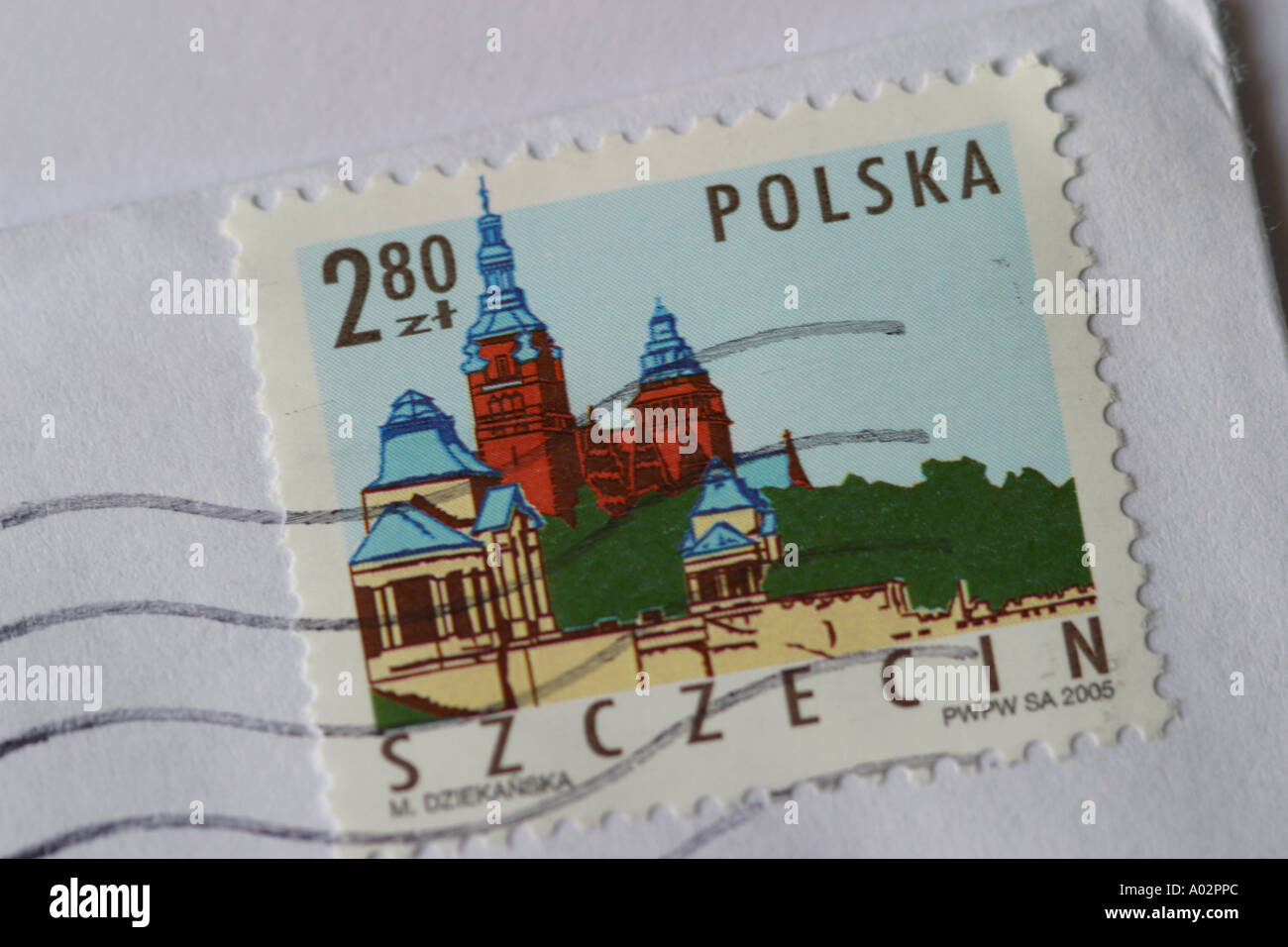 Polnische Briefmarke mit Bild von Szczecin Stockfoto