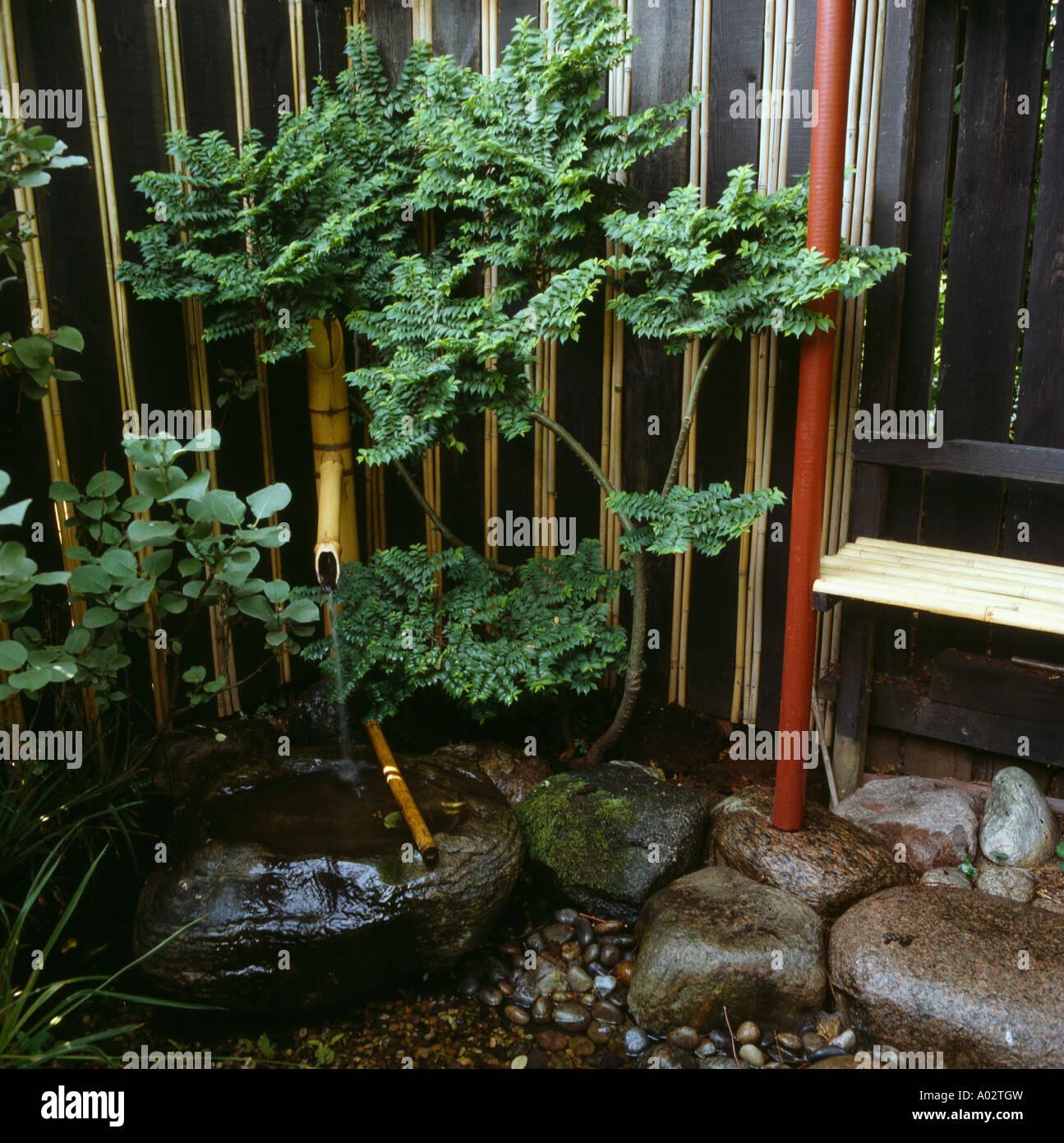 Japanische Bambus Wasserfall mit kleines Wasserspiel und Struchern  Stockfotografie - Alamy
