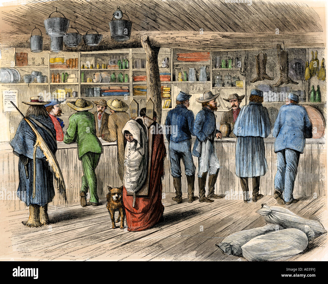 Händler und Soldaten in der marketenderin Store am Fort Dodge Kansas 1860. Hand - farbige Holzschnitt Stockfoto