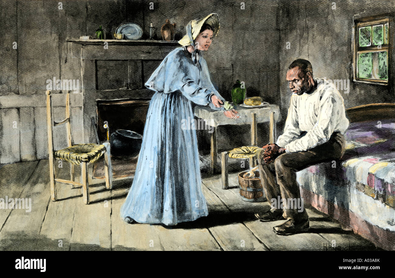 Plantation Schullehrer bietet ein Sklave Flucht in die Freiheit 1850 zu helfen. Handcolorierte halftone einer Abbildung Stockfoto