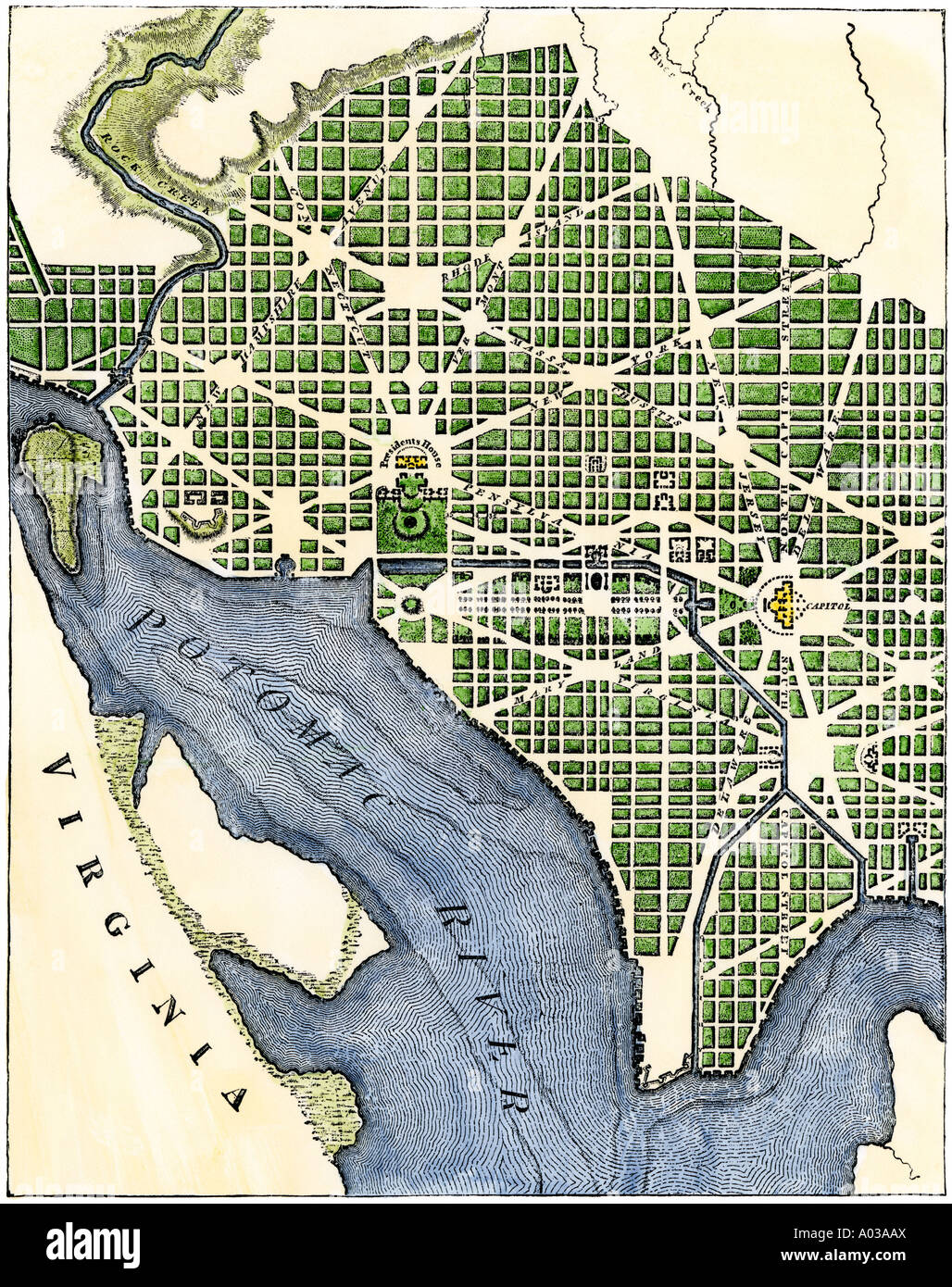Washington DC, wie sie ursprünglich aus einem Stich von 1793 festgelegt. Hand - farbige Holzschnitt Stockfoto