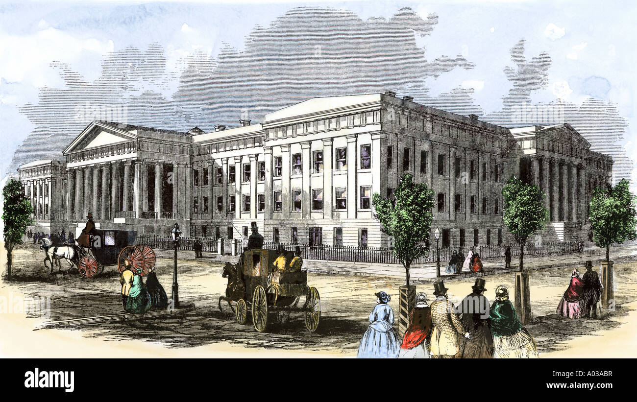Verkehr vor dem Staatlichen Patentamt in Washington DC 1850. Hand - farbige Holzschnitt Stockfoto