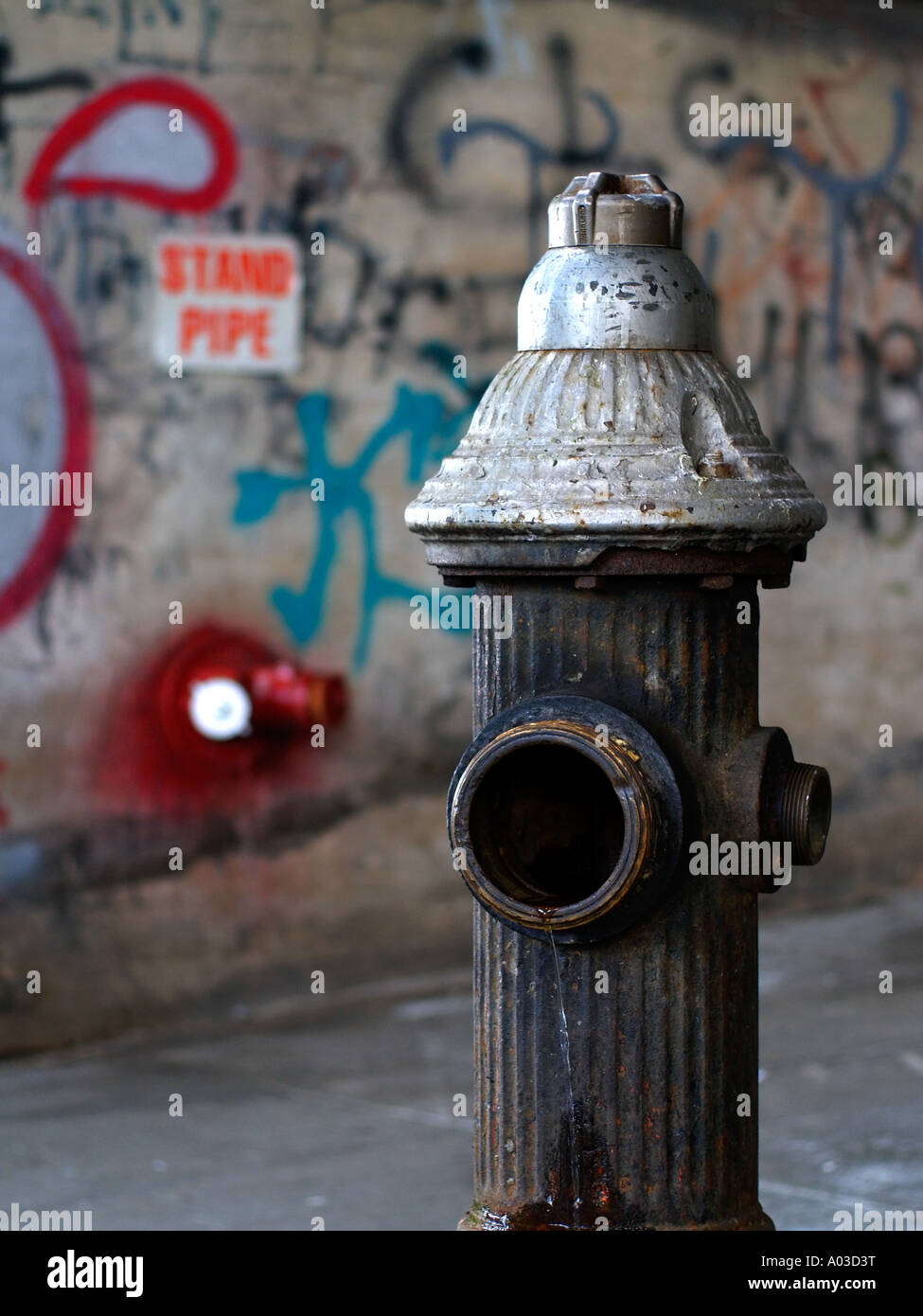 Alten, offenen Hydranten vor einer Graffiti-bedeckten Wand in der Nähe von Harlem in New York City. Stockfoto