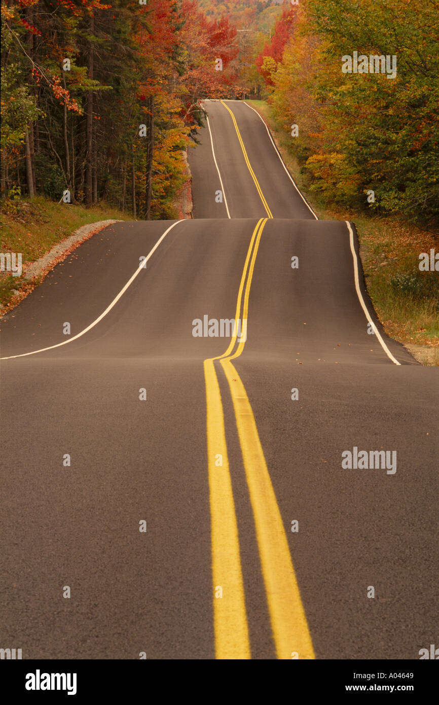 USA-Vermont-zwei spurige Straße überrollen Hügel mit Bäumen im Herbst Stockfoto