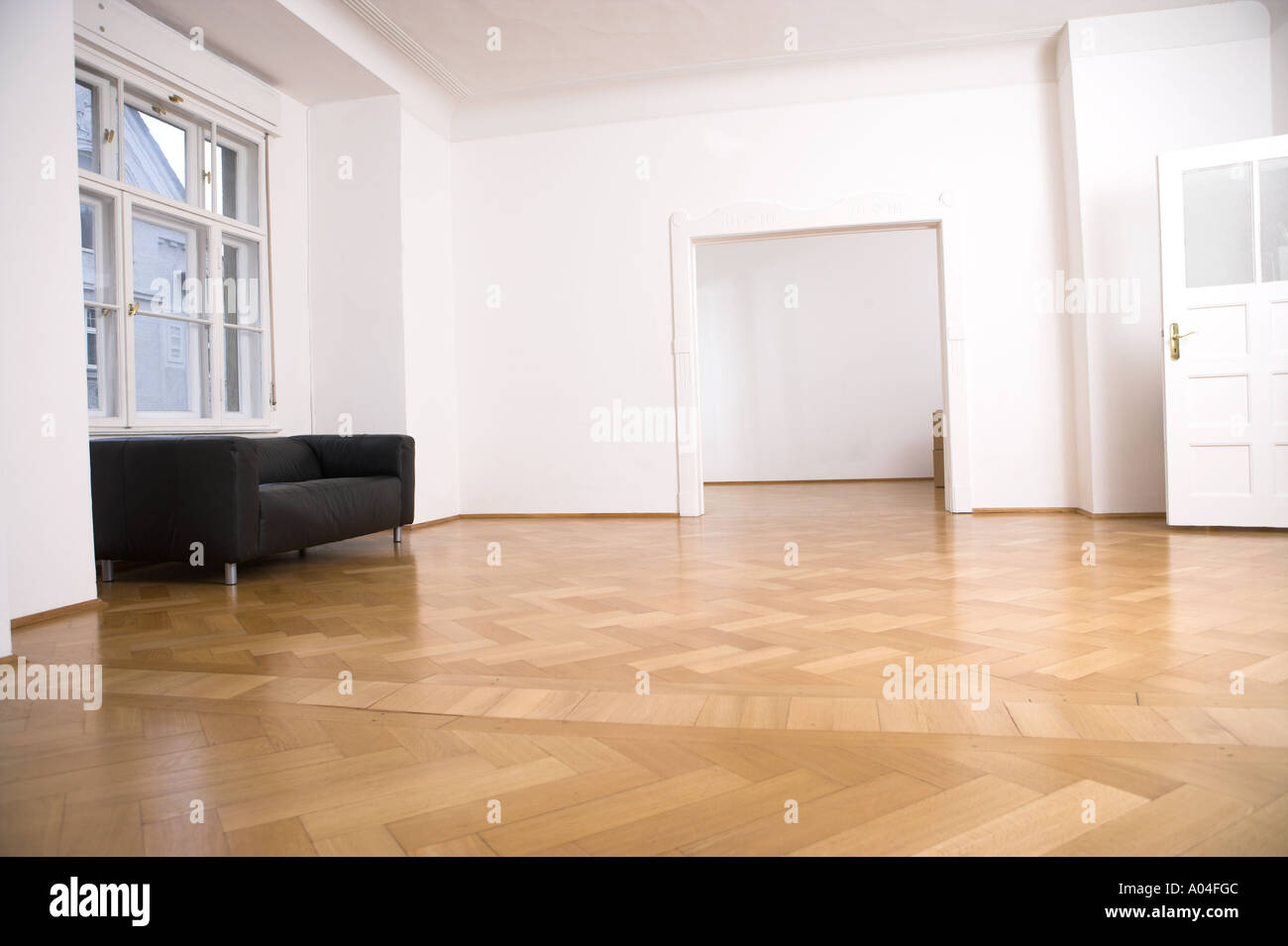 Blick in einen leeren Raum, der ein neues Zuhause mit Parkett Boden und Leder sofa Stockfoto