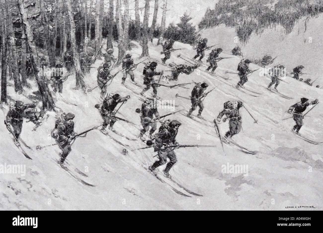 Französische Alpentruppen, die im ersten Weltkrieg auf Skiern angreifen. Aus der Zeitschrift L'Illustration, 1915. Künstler Lever Lemonier. Stockfoto