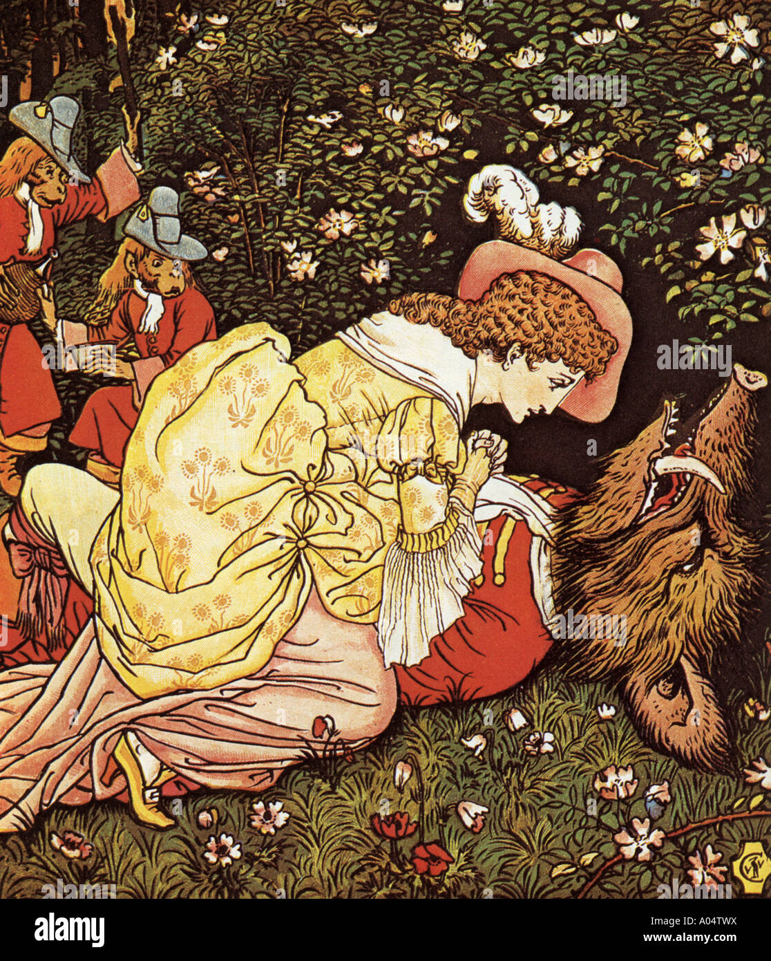 BEAUTY AND THE BEAST ein Ende des 19. Jahrhunderts farbige Holzstich Illustration zum Märchen Stockfoto