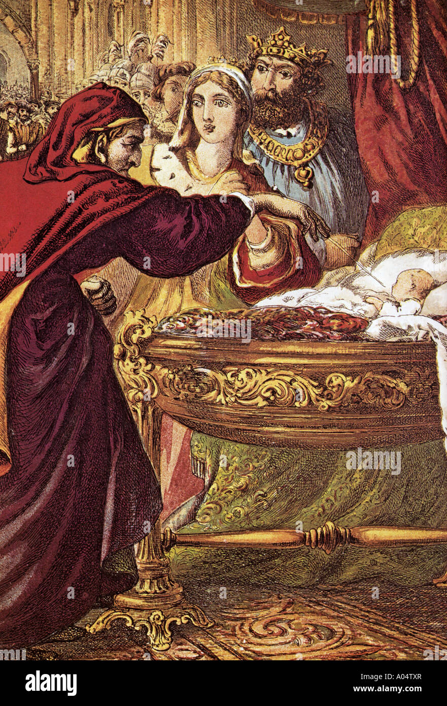 Die alten Märchen Dornröschen setzt einen Fluch über das Baby Princess - siehe Beschreibung unten für details Stockfoto