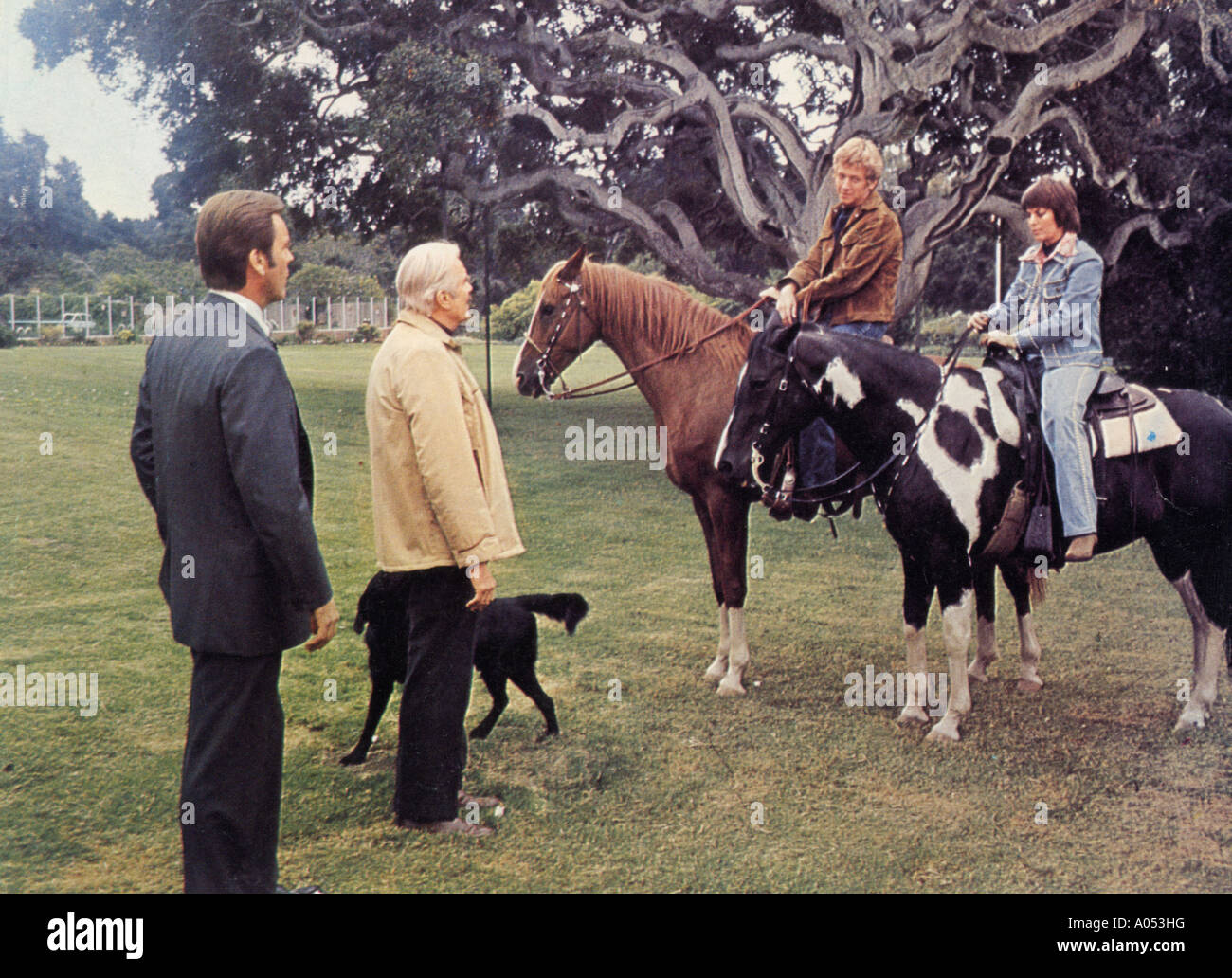 DIE Affäre 1973 Rechtschreibung-Goldberg TV-Film mit Robert Wagner auf der linken Seite und Nathalie Wood und Bruce Davidson auf die Pferde Stockfoto
