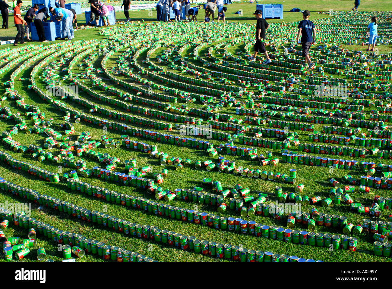 Kinder helfen, Aufräumen eine Welt Rekordzahl von Dosen Bohnen in einer durchgehenden Linie. Perth, Westaustralien. Stockfoto