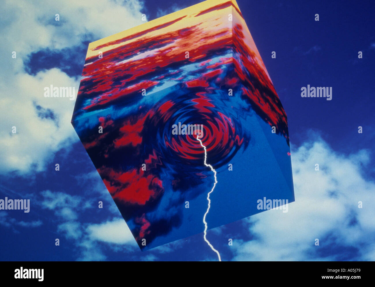 Computer generierte Bild des Blitzes emittiert von einem schwimmenden Umwelt cube Stockfoto