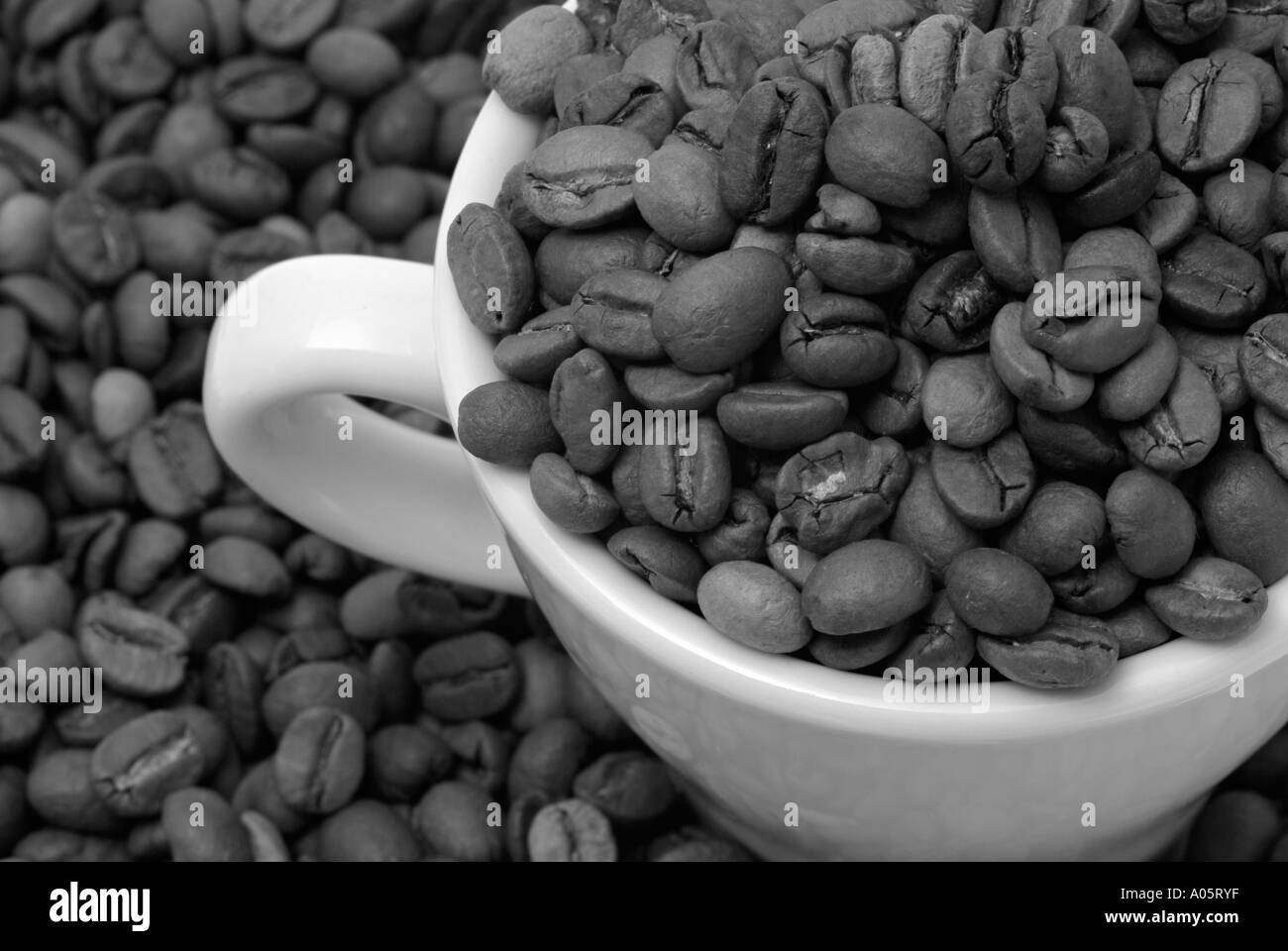 Tasse mit Kaffeebohnen gefüllt High Angle. Stockfoto