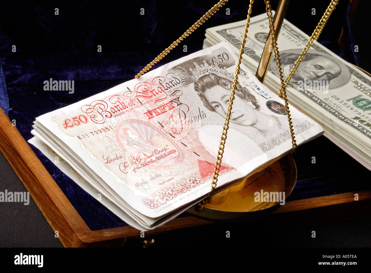 Geld Unmengen von fünfzig Pfund-Noten und hundert-Dollar-Scheine auf Waagen gewogen Stockfoto