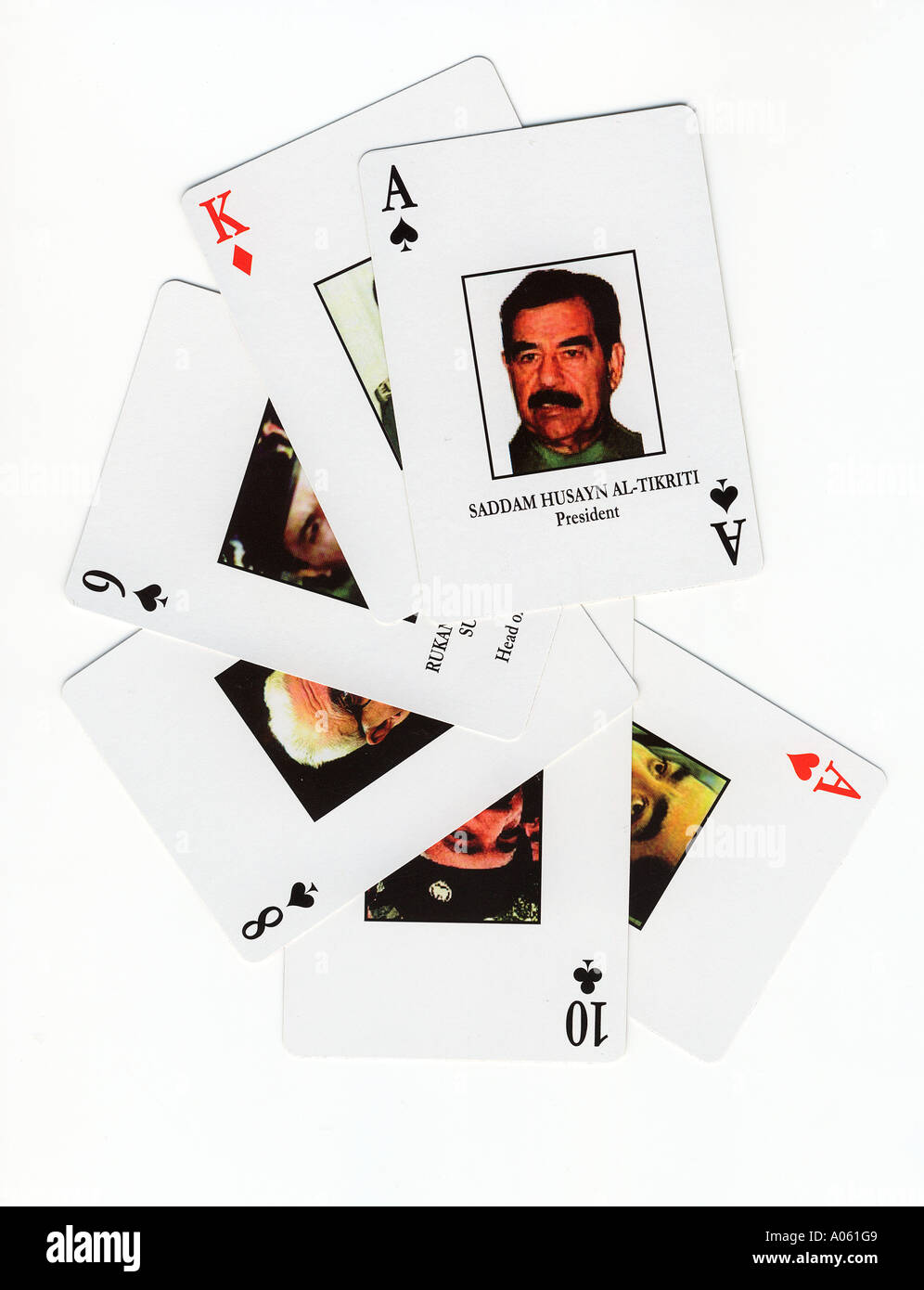 Von den USA entwickelte Spielkarten Verteidigungsgeheimdienst, um den Truppen zu helfen, die meistgesuchten Mitglieder der Regierung von Präsident Saddam Hussein zu identifizieren Stockfoto