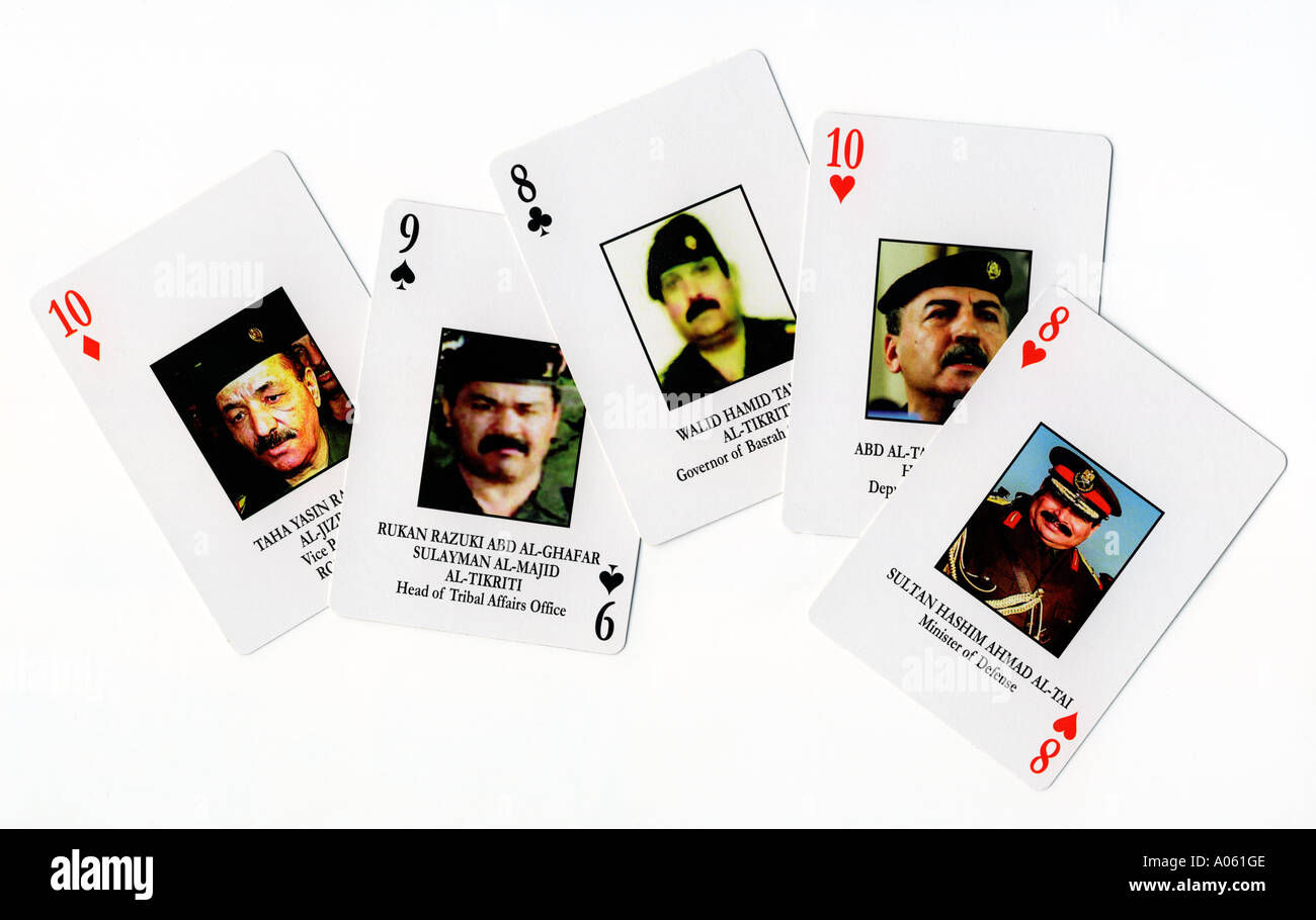 Von den USA entwickelte Spielkarten Verteidigungsgeheimdienst, um den Truppen zu helfen, die meistgesuchten Mitglieder der Regierung von Präsident Saddam Hussein zu identifizieren Stockfoto
