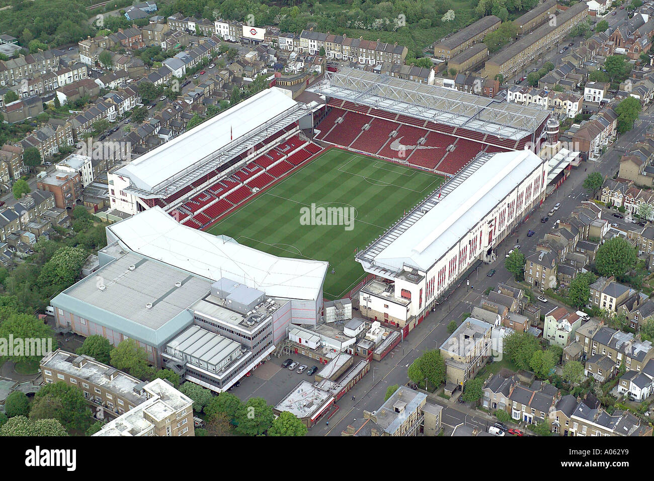 Luftaufnahme des Arsenal Football Club in London zeigt die Highbury-Stadion ist die Heimat der "Gunners" oder die Gooners Stockfoto