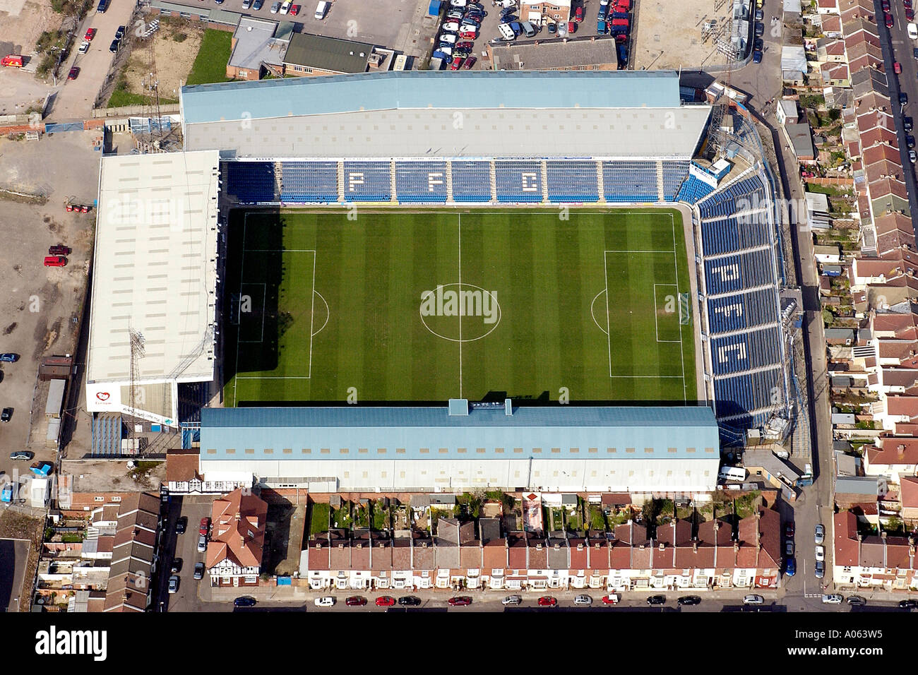 Luftaufnahme von Portsmouth Football Club. Es ist auch bekannt als Fratton Park und ist Heimat von Pompey Stockfoto