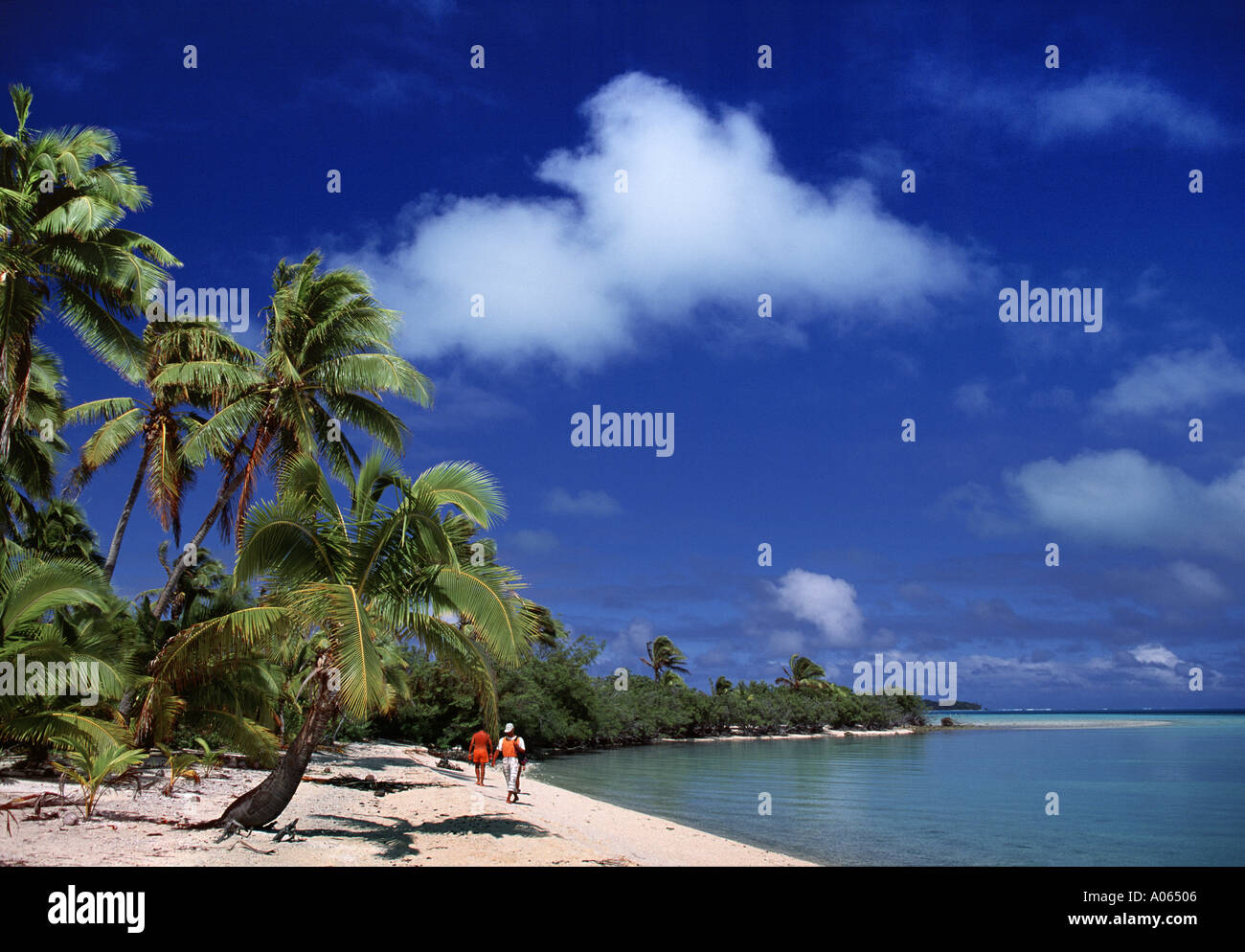 Palmen und Strand One Foot Island in der Nähe von Aitutaki Cookinseln Südsee Stockfoto