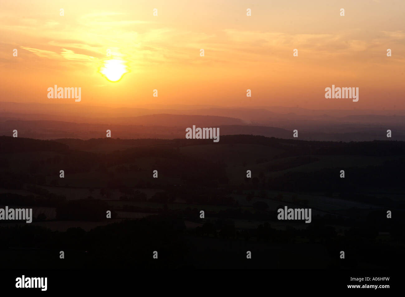 Sonnenuntergang von Malvern Hils betrachtet Stockfoto