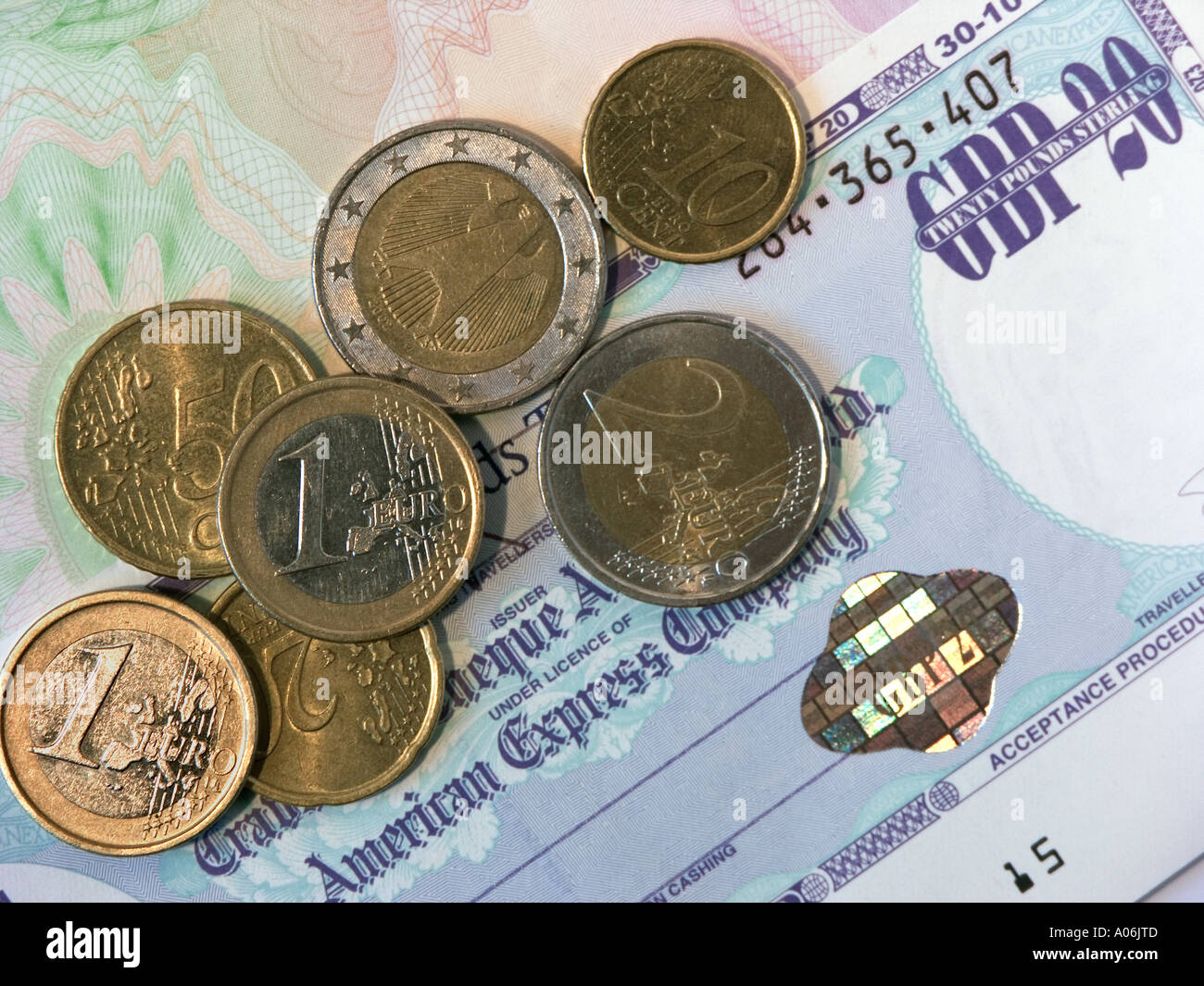 Euro-s und Sterling Reisenden Scheck Stockfoto