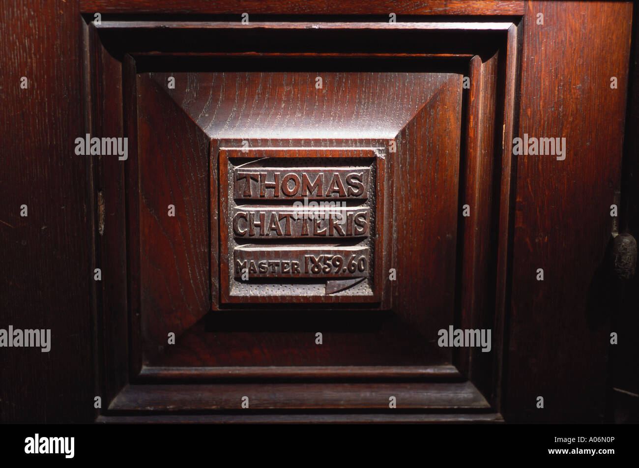 Carving-Detail der Pew zum Gedenken an Thomas Chatteris St Michaels Kirche Cornhill London Stockfoto