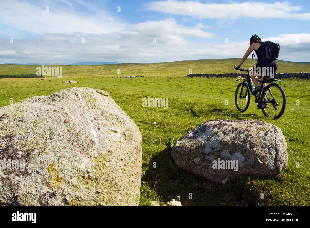 Weibliche Mountainbiker auf Crosby Ravensworth fiel in Cumbria mit Howgill Fells auf die skyline Stockfoto