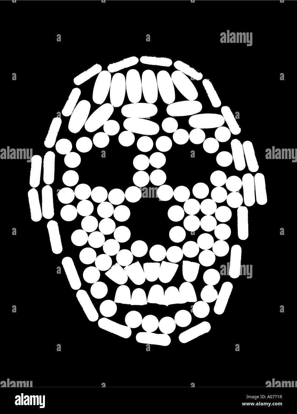 Menschlicher Schädel bestehend aus Tabletten. Stockfoto