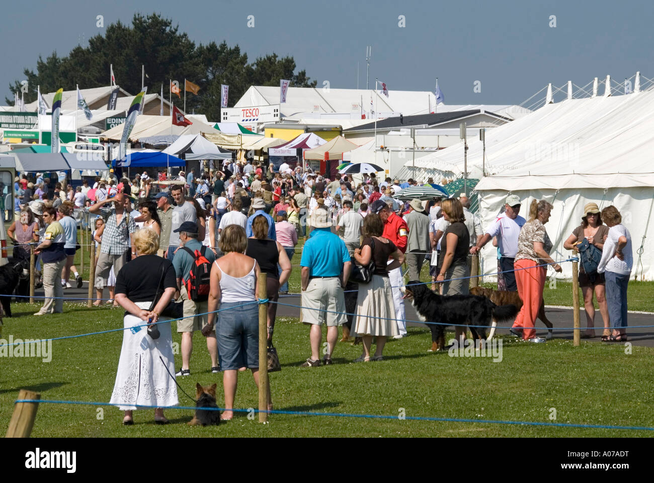 Sommer Saison uk Menschenmenge in Gruppe bei Royal Cornwall Agrarmesse & Land fair Sommer Event auf heißen blauen Himmel Tag mit Laufschrift über anzeigen Stockfoto