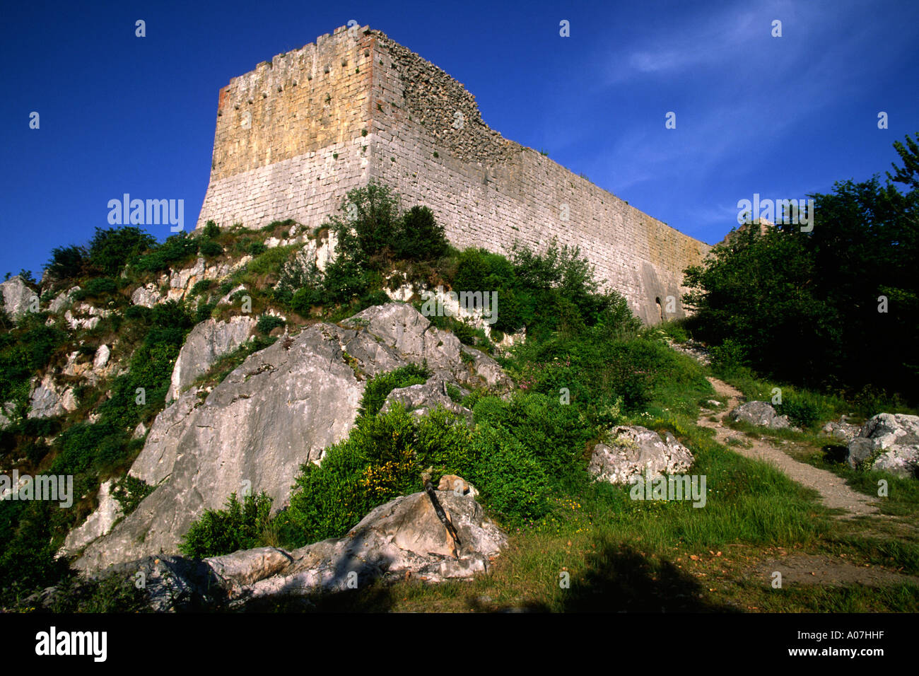 Chateau de Montségur, Ariege Pyrenäen, Frankreich. Letzte Zuflucht der Katharer im frühen 13. Jahrhundert. Stockfoto