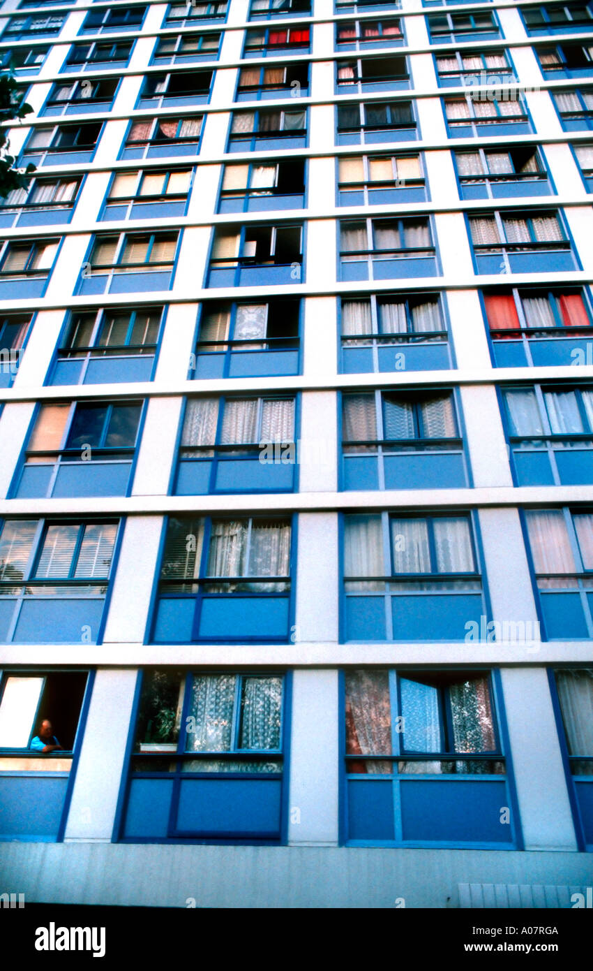 Paris Frankreich, arme Vororte 'Les Aviators' HLM Public Social Housing Council Project, Apartment Building Detail façade, Pariser Gebäudeentwurf 1960s Stockfoto