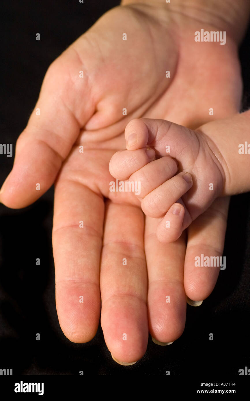 Neugeborenen Hand in Mutters palm Stockfoto